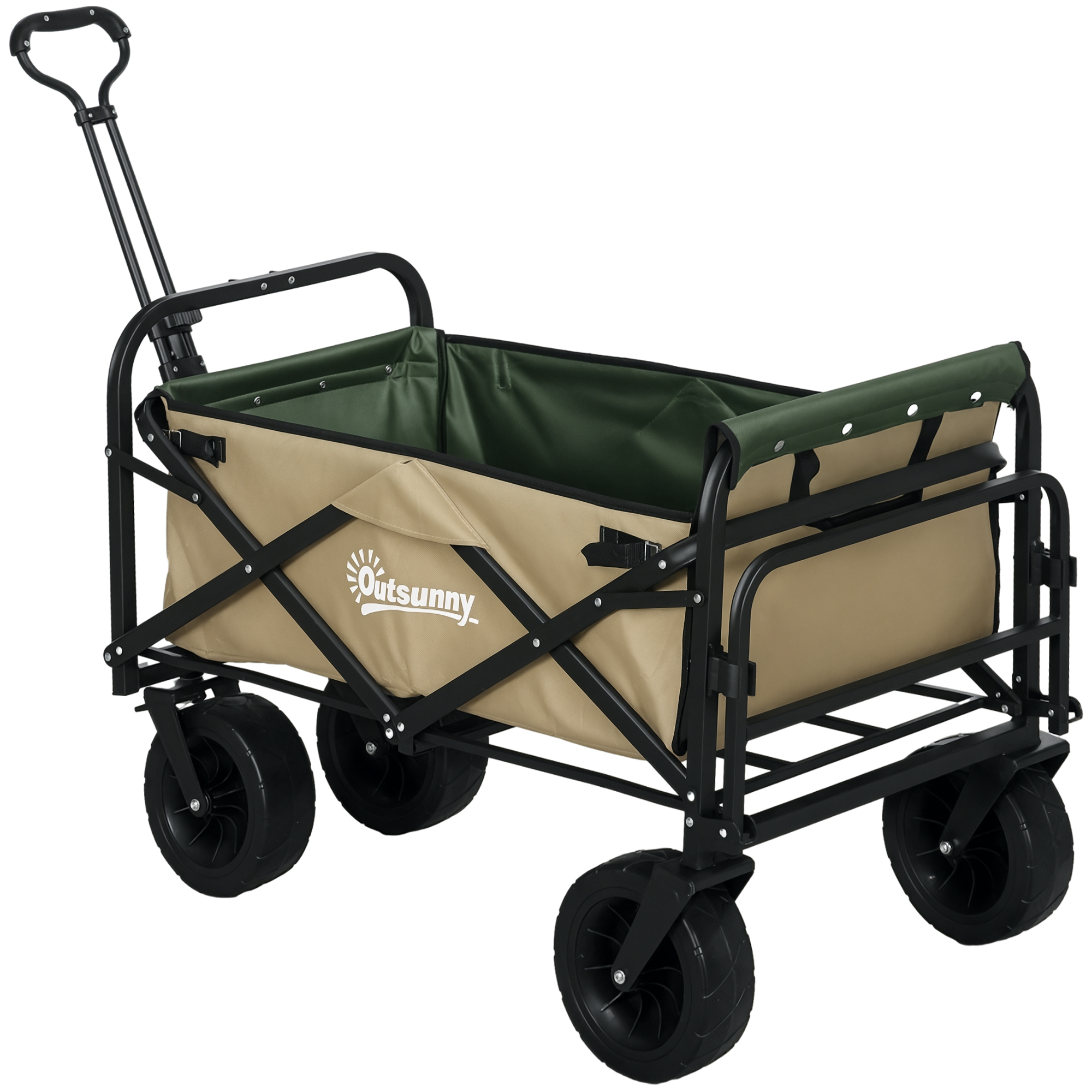 BOl68819808b7ff62.jpg Carrello da Giardino 110L con Maniglia Telescopica e Fondo Apribile in Acciaio e Tessuto Oxford, Cachi - immagine 1