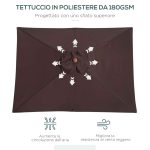Ombrellone Rettangolare Inclinabile 2x1.5 m con 6 Stecche e Apertura a Corda, in Bambù e Poliestere Caffè - immagine 5