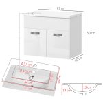 Mobile Bagno Sospeso con Lavabo, Armadietto a 2 Ante con Cerniere Ammortizzate, 61x40x50cm, Bianco Lucido - immagine 3