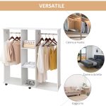 Armadio Guardaroba a Rotelle con 2 Barre e 3 Ripiani Aperti, in Legno e Alluminio, 120x40x128 cm, Bianco - immagine 5