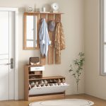 Mobile Appendiabiti 3 in 1 con Scarpiera e Specchio, Ganci e Cassetti, in Legno, 90x24x177 cm, Bianco e Noce - immagine 7