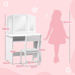 Set da Trucco per Bambini con Tavolo Toeletta con Specchio Triplo Rimovibile e Sedia in Legno Bianco - immagine 3