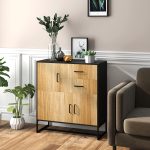 Credenza Moderna con 3 Armadietti e 2 Cassetti, in Truciolato e Acciaio, 80x35x88 cm, Nero e color Legno - immagine 2