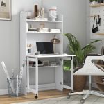 Scrivania Pieghevole con Libreria a 4 Ripiani, 2 Ruote e Foro Passacavi, 80x69x155 cm, Bianco - immagine 3