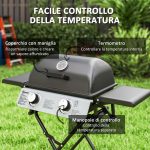 Barbecue a Gas Portatile con 2 Bruciatori e 2 Tavolini, Coperchio con Termometro e Ruote, Nero - immagine 6