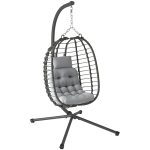 Sedia Sospesa in Rattan a Uovo con Cuscino e Poggiatesta, Altezza Regolabile e Seduta Richiudibile, Grigio