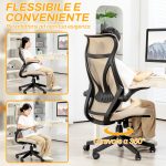 Sedia da Ufficio con Braccioli Ribaltabili, Altezza Regolabile e Schienale Inclinabile, Beige - immagine 8