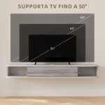 Mobile TV Sospeso in Legno con 2 Ripiani Aperti e Armadietto, 120x26x16 cm, Bianco e Grigio - immagine 6