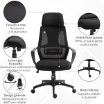 Sedia da Ufficio Reclinabile con Poggiatesta e Supporto Lombare, in Poliestere, 64x55x116-126 cm, Nero - immagine 7