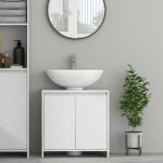 Mobile Sottolavabo Bagno con 2 Ante Decorate e Intaglio a U per Tubi, 60x30x60cm, Bianco - immagine 2