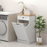 Mobiletto Bagno in Legno con Cesto Portabiancheria in Tessuto Ribaltabile e Cassetto, Bianco - immagine 7