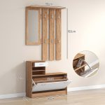 Mobile Appendiabiti 3 in 1 con Scarpiera e Specchio, Ganci e Cassetti, in Legno, 90x24x177 cm, Bianco e Noce - immagine 3