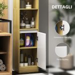 Mobile Colonna Bagno Salvaspazio in Legno con 2 Armadietti e Ripiani, 30x24x170 cm, Rovere e Bianco - immagine 5