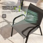 Set da Giardino con Divano 2 Posti, 2 Poltrone Impilabili e Tavolino in Vetro, Nero - immagine 6