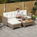Salotto da Giardino in Rattan PE con Divano 2 Posti, Chaise Longue e Tavolino da Caffè, Crema - immagine 2