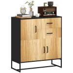 Credenza Moderna con 3 Armadietti e 2 Cassetti, in Truciolato e Acciaio, 80x35x88 cm, Nero e color Legno