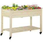 Letto per Orto Rialzato in Legno con Rotelle e Ripiano Inferiore, 118x55x83cm, Legno Naturale