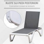 Lettino Prendisole con Schienale Reclinabile e Rotelle Posteriori, 195x67.5x33 cm, Grigio e Bianco - immagine 6