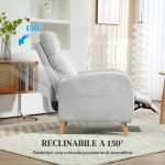 Poltrona Reclinabile 150° max con Poggiapiedi, in Tessuto Effetto Lino, 68x90x106 cm, Grigio Chiaro - immagine 4