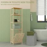 Colonna Bagno con 3 Ripiani in Legno di Bambù e Cesto Portabiancheria in Tessuto, 44x33x160cm - immagine 5