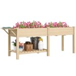 Fioriera Rialzata con Tavolino Laterale e Ripiano Porta Attrezzi Inferiore, in Legno di Abete, 207x59x78 cm