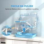 Gabbia per Criceti a 3 Piani con Casetta, Ruota, Ciotola per Cibo, Bottiglia e Tubi, Azzurro - immagine 8
