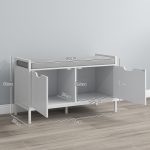 Panca Scarpiera a 2 Armadietti con Cuscino, in Tessuto Effetto Lino, Legno e Acciaio, 84x35x50 cm, Bianco - immagine 3