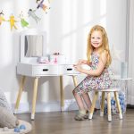 Set Toeletta per Bambini con Tavolo Trucco e Sgabello, Specchio e 2 Cassetti, Bianco e Colore Legno - immagine 2