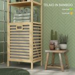 Colonna Bagno con 3 Ripiani in Legno di Bambù e Cesto Portabiancheria in Tessuto, 44x33x160cm - immagine 6