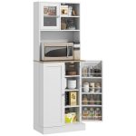 Dispensa da Cucina Porta Microonde con Ripiani Aperti e Armadietto con Portaspezie, 60x35x169 cm, Bianco