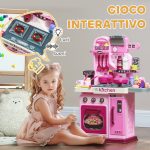 Cucina Giocattolo per Bambini da 33 Pezzi con Luci, Suoni e Rubinetto, in PP e ABS, 53x22x69 cm, Rosa - immagine 4