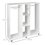 Armadio Guardaroba a Rotelle con 2 Barre e 3 Ripiani Aperti, in Legno e Alluminio, 120x40x128 cm, Bianco - immagine 3