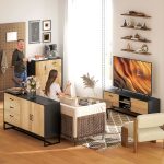 Credenza Moderna con 3 Armadietti e 2 Cassetti, in Truciolato e Acciaio, 80x35x88 cm, Nero e color Legno - immagine 9