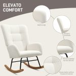 Sedia a Dondolo in Velluto Teddy, Metallo e Legno per Camera da Letto e Soggiorno, 70x94x100 cm, Bianco Crema - immagine 5