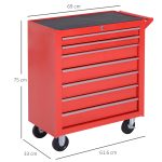 Carrello Porta Attrezzi con 7 Cassetti, Tappetini in EVA, Serratura e 2 Chiavi, Ruote con Freno, Maniglia, Rosso - immagine 3