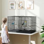 Gabbia per Uccelli con Divisorio e Ripiano Inferiore Portaoggetti, in Acciaio e PP, 94x57x57 cm, Nero - immagine 2