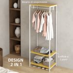 Mobile Appendiabiti 2 in 1 con Ripiano a 2 Livelli, in Acciaio e Truciolato, 60x40x167.5 cm - immagine 4