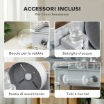 Gabbia per Criceti a 2 Livelli e 3 Porte con Ruota e Tubi, in Acciaio, PS e PP, 44.5x28x44 cm, Grigio e Bianco - immagine 5