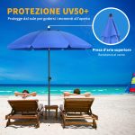 Ombrellone da Spiaggia 1.8x2 m con Reclinazione a 45° e 8 Stecche, Poliestere e Acciaio, Blu - immagine 4