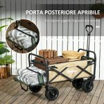 Carrello da Giardino 110L con Maniglia Telescopica e Fondo Apribile in Acciaio e Tessuto Oxford, Cachi - immagine 6