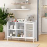 Mobile Buffet con 4 Ripiani Aperti e Armadietto, in Truciolato e Acciaio, 120x37x81.5 cm, Bianco - immagine 2