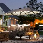 Ombrellone Doppio con Luci LED e Manovella, in Poliestere e Acciaio, 2.92x1.5x2.2 m, Beige - immagine 2