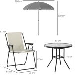 Set da Giardino 6 Pezzi in Acciaio con 4 Sedie Pieghevoli, Ombrellone e Tavolo Rotondo, Crema, Grigio e Nero - immagine 3