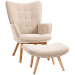 Poltrona Relax con Pouf Poggiapiedi in Velluto a Costine con Schienale Alto e Braccioli, Beige