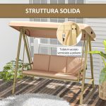 Dondolo 3 Posti con Tettuccio Inclinabile e Cuscini, in Acciaio e Textilene, 200x125x175 cm, Beige e Marrone - immagine 4