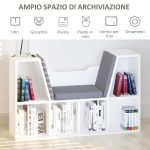 Mobile Libreria a 6 Sezioni 2 in 1 con Cuscini Morbidi, in Legno, Spugna e Poliestere, 102x30x61 cm, Bianco - immagine 4