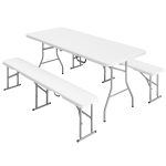Set da Pic Nic Pieghevole a 3 Pezzi con Tavolo e 2 Panche in HDPE e Metallo, Bianco e Grigio Chiaro