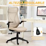 Sedia da Ufficio con Braccioli Ribaltabili, Altezza Regolabile e Schienale Inclinabile, Beige - immagine 6