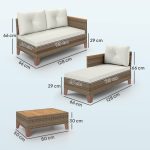 Salotto da Giardino in Rattan PE con Divano 2 Posti, Chaise Longue e Tavolino da Caffè, Crema - immagine 3