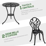 Set da Giardino 3 Pezzi in Alluminio con 2 Sedie 42.5x47.5x89 cm e Tavolino Rotondo Ø60x67 cm, Nero - immagine 4